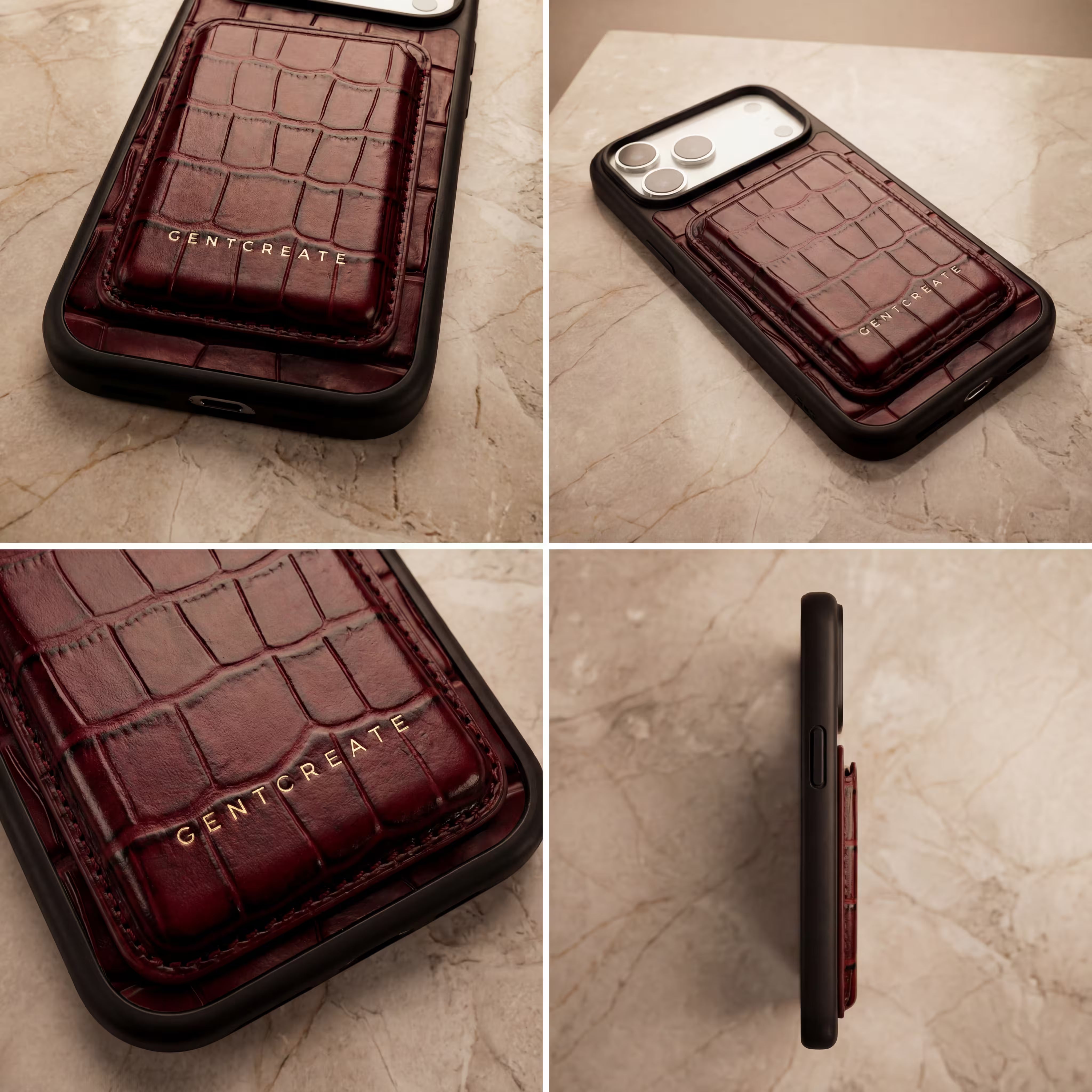 Burgundy crocodile leather Magsafe wallet attached to crocodile-patterned iPhone 17 Pro max case with GENTCREATE branding on a marble surface.